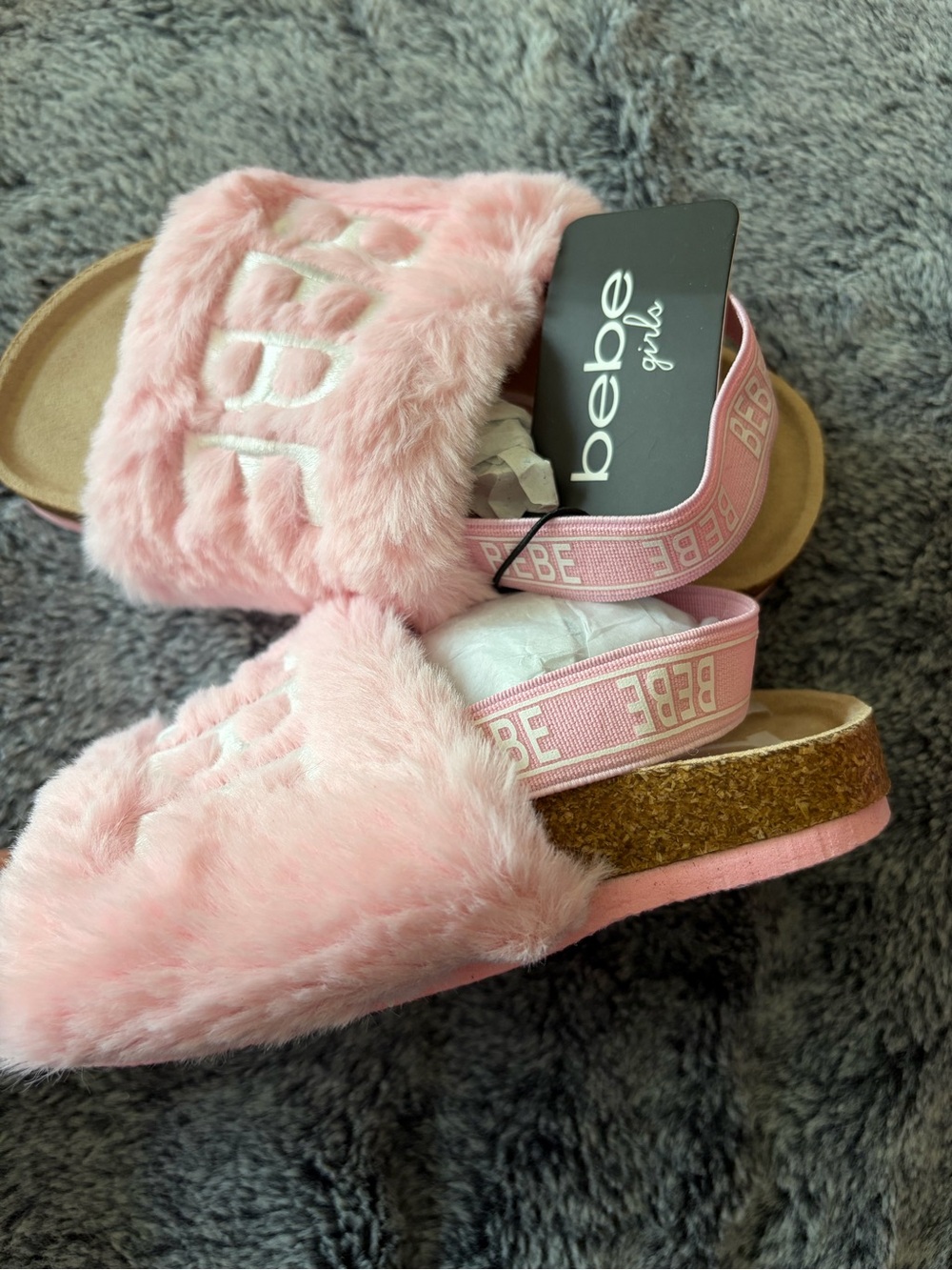 bebe Pink Faux Fur Slide Sandals with Elastic Back Strap